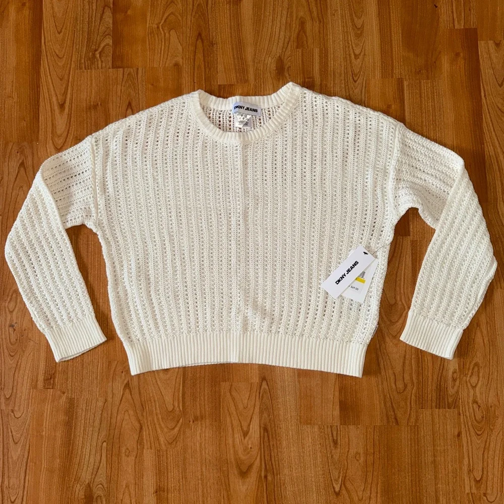 DKNY Jeans Women’s M Open Stitch Long Sleeve Cotton Sweater White Knitted Beach - Picture 2 of 12